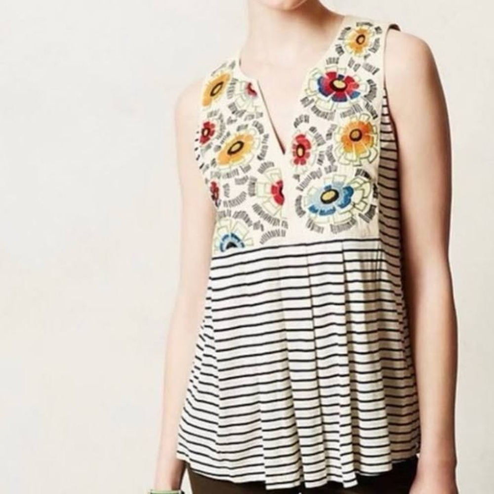 Anthropologie Tiny Flower Embroidered Tank